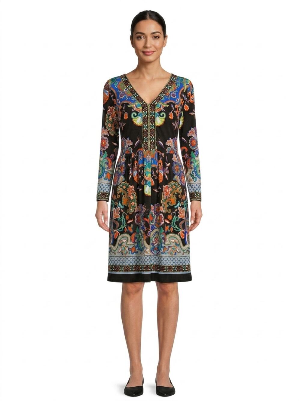 ECI Black Sheath Knee Length Jersey Paisley Dress Women Size S